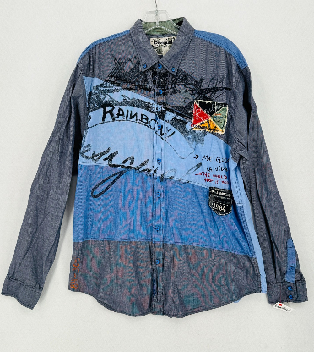Desigual Mens Blue Artsy Patchwork Graffiti Embroidered Button Up Shirt Sz 2XL